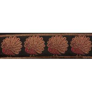 Black Banarasi Fabric Border with Hand woven Peacocks in Red and Gold 