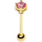 Body Candy Gold Plated Pink CZ Prong Set Barbell Tongue Ring