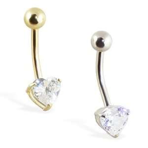   gold jeweled heart belly ring with 3 prongs, Yellow gold: Jewelry