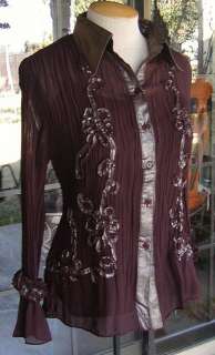 PRETTY ANGEL Decorative Floral Ribbons & Ruffles Brown Crinkle Blouse 