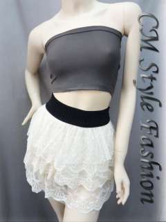 Ruffled Tulle Lace Tier Layered Mini Skirt Cream XS  