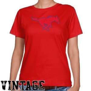  SMU Mustangs Ladies Red Distressed Logo Vintage Classic 