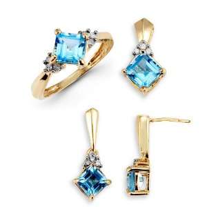    14k Yellow Gold Blue Topaz Round Diamond Ring Earrings Jewelry