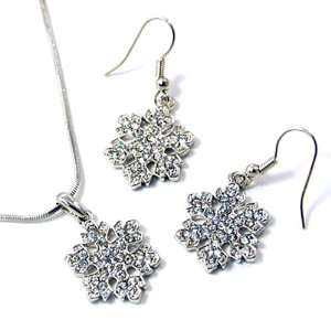   Silvertone Crystal Snowflake Necklace and Earrings Set Fashion Jewelry