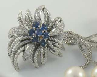 18k W Gold Burst Sapphire Diamond Dangle Pearl Earrings  