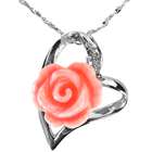   Coral Rose Heart Shaped Silver Pendant w. Silver Chain Necklace (16