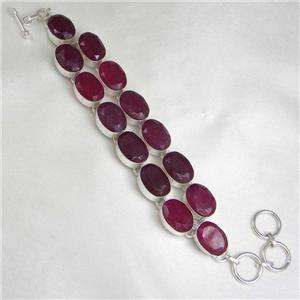 NATURAL RED RUBY 925 STERLING SILVER LINK CHAIN BRACELET 7.5  