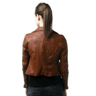 Ladies Womens Chic Vintage Lambskin Brown Leather Biker Rider Jacket 4 