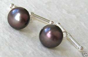 10mm Black Cultured Pearl Cuff Links   Sterling Silver  