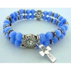   Stretchable Blue Cats Eye Rosary Bracelet IHS Chalice Catholic Gift