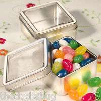 100 MINT TIN FAVORS SQUARE WITH CLEAR TOP FAVOR BOXES WEDDING BABY 