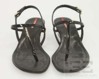   Sport Black Patent Leather T Strap Low Wedge Sandals Size 37.5  