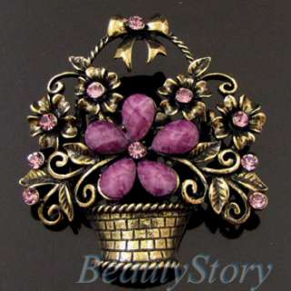    1 pc antiqued rhinestone flower basket brooch pin  