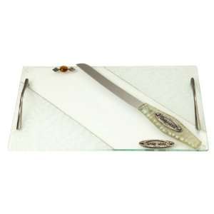 Glass Challah Board with Nickel Handles, White Floral Pattern and 
