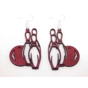  Cherry Red Bowling Ball and Pins Wooden Earrings: GTJ 