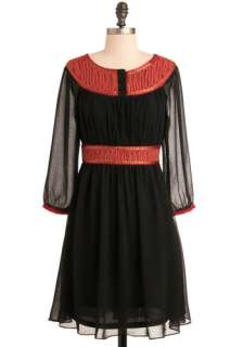 Loves Splendor Dress   Black, Red, Gold, Embroidery, A line, 3/4 