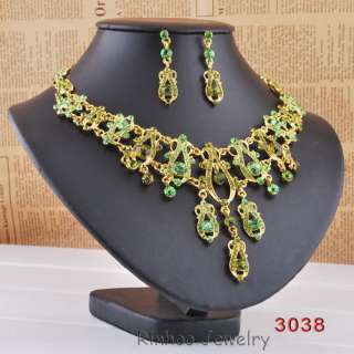 Green choker party rhinestone necklace jewelry set 3038  