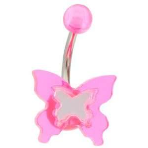  PINK UV Mirrored Butterfly Belly Button Ring: Jewelry