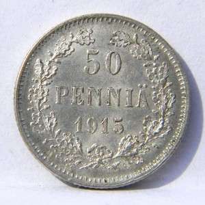 FINLAND under Russia   1915 S silver 50 Pennia; UNC  