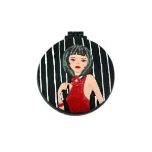   Pinstripe Compact Mirror/Hairbrush Brunette Girl in Red Dress 2.5