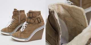 Womens Brown White Fur Buckle Sneakers Zip Wedge Heel Shoes US 5~8 