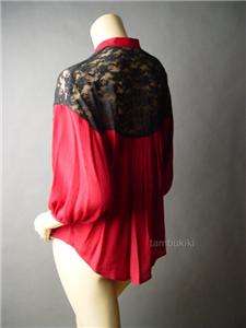 Bold red button down blouse. 3/4 length sleeves. A sheer black lace 