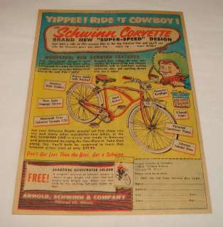 1955 SCHWINN CORVETTE bicycle ad ~ RIDE IT COWBOY  