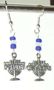 Happy Chanukkah Menorah Pewter Charm Earrings w/beads  