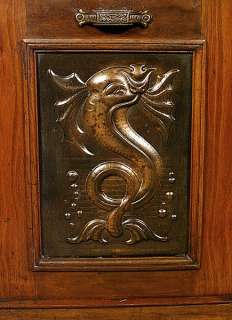 ANTIQUE English SOLID WALNUT COAL BOX Cabinet w/ Brass Artwork c1899 