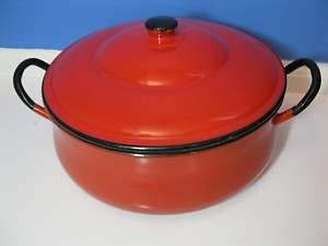 Vintage Bright Red/Black Enamelware Enamel Large Cooking Pot Metal w 