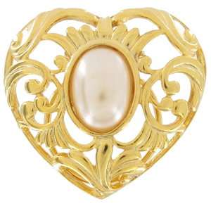 Vintage Scarf Clip Gold Tone Filigree Heart Faux Pearl Large 1980s 