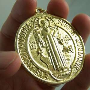 Gold Plated Saint St Benedict Pendant Cross Medal LARGE  
