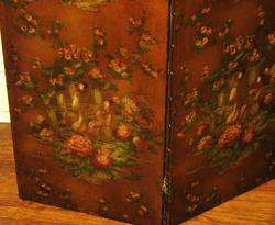 Antique Chinoiserie 3 Panel Screen on Leather c. 1900  