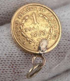 Antique 1853 Liberty Head $1 DOLLAR Solid GOLD US COIN Pendant Charm 