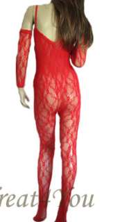 Brand New Red Sexy Lace Fishnet Bodystocking   Shoulderless Long 