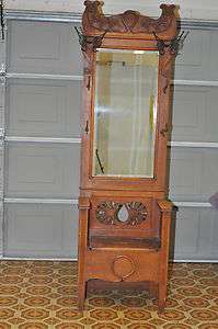 Antique Oak Entry Hall Tree With Storage Bench & Beveled Mirror 
