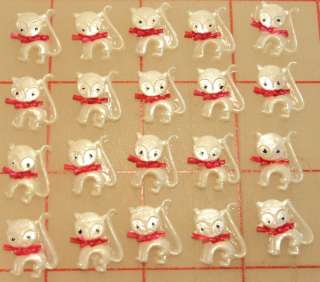 Adorable vintage plastic white cat with red bow 17x14mm  