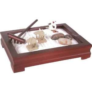 Miniatur ZEN Garten Set mit Holzbehälter, Gartenrechen, 3 Figuren 