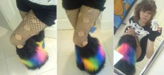 3Tone Furry Leg Warmers Rainbow Black Cyber Rave Goth  
