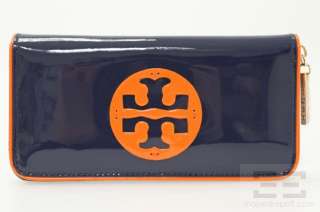 Tory Burch Navy & Orange Patent Leather Continental Zip Around Wallet 