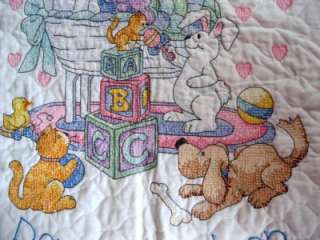 Completed CROSS STITCH Nursery Blanket BABY QUILT Bassinet~Bunny~Ducks 