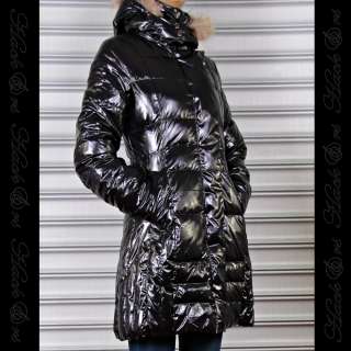 US Women HOODED FUR Winter Long Down Parka Glossy Black Thick Coat 
