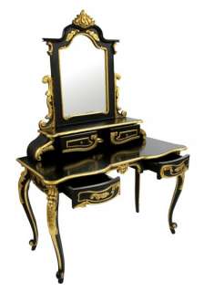 French Designer Black & Gold Dressing Table with Mirror Luxury Bedroom 
