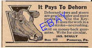 1922 SCULLY KEYSTONE CATTLE COW DEHORNER AD POMEROY PA  
