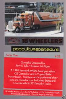 1990 KENWORTH W900 AERODYNE 18 WHEELER HEAVY TRUCK CARD  