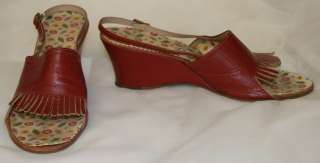 Vintage 1940s OOMPHIES Red Leather Wedge Heel PeepToe Sandals Shoes 