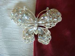 Clear rhinestone silver tone butterfly brooch pin  
