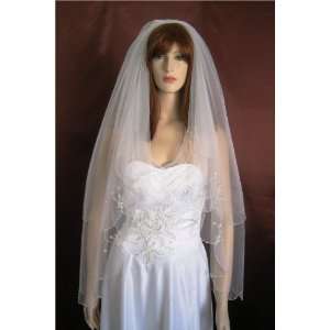   Tier White Fingertip Length Beaded Motif Scalloped Bridal Wedding Veil
