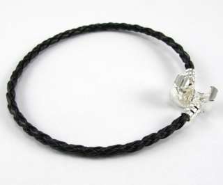 l0pcs Silver Clasp Black Leather Charm Bracelets Fit European Beads 