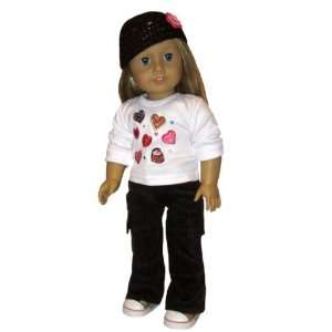Camo Sneakers, Cap, Heart Top, and Brown Pants. Doll Clothes Fit 18 